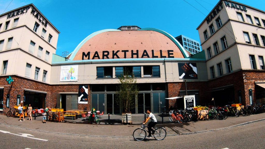 Markthalle in Basel, Switzerland has a variety of food stands