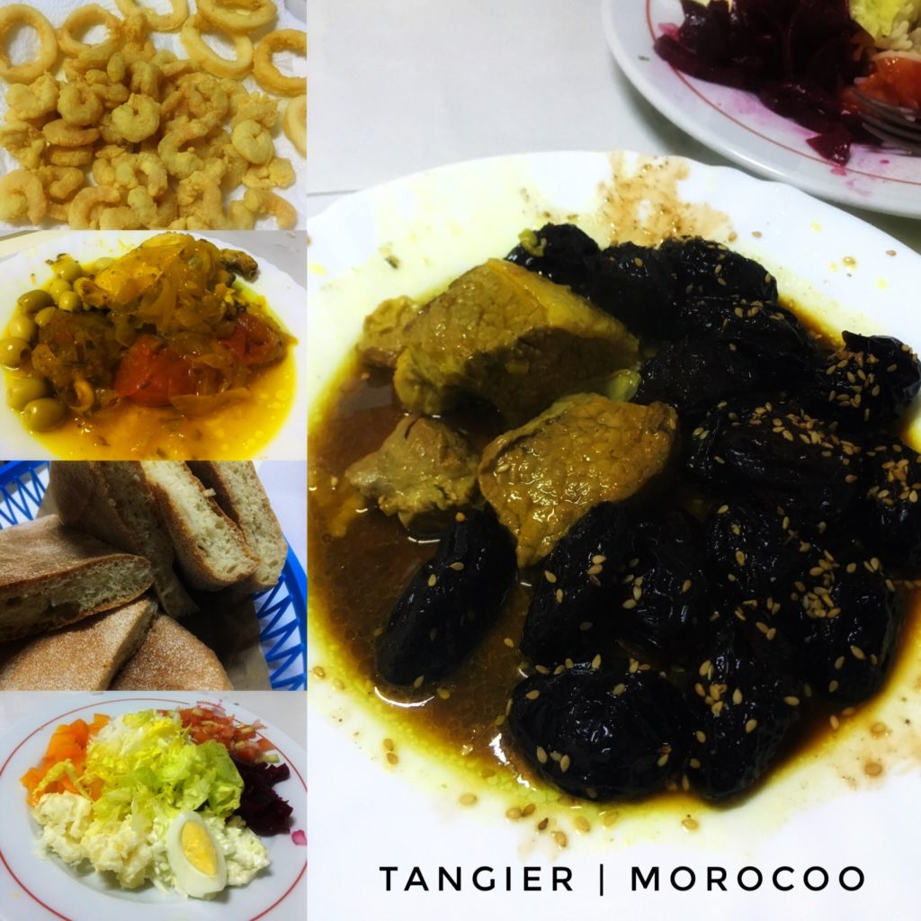 salad, bread, dates, chicken and olives, fried calamari - enjoy a feast in Tangier!