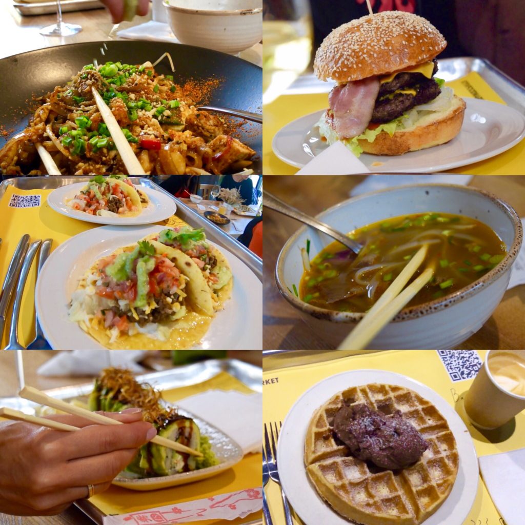 The Kiev Food Market has a variety of cuisines! Cooper Burgers, Santos Tacos, Milk (waffle dessert), Bao Nam (pho bowls), Senpai sushi, and Thai Sabai