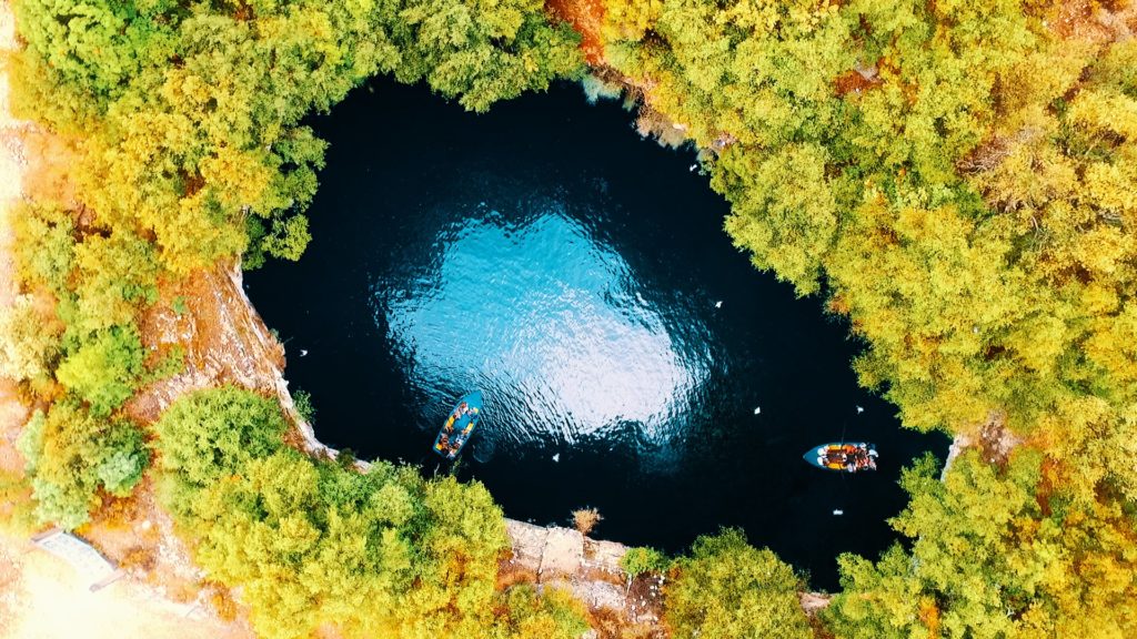 drone picture above the melissani cave in kefalonia greece