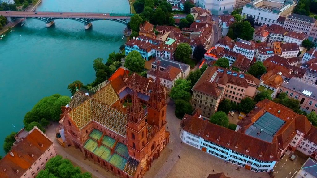 aerial view of basel cathedral in switzerland