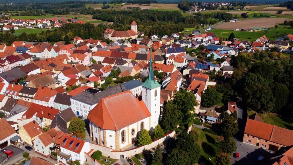 Aerial view of Burg Dagestein & St Ägidius Church in Vilseck Germany